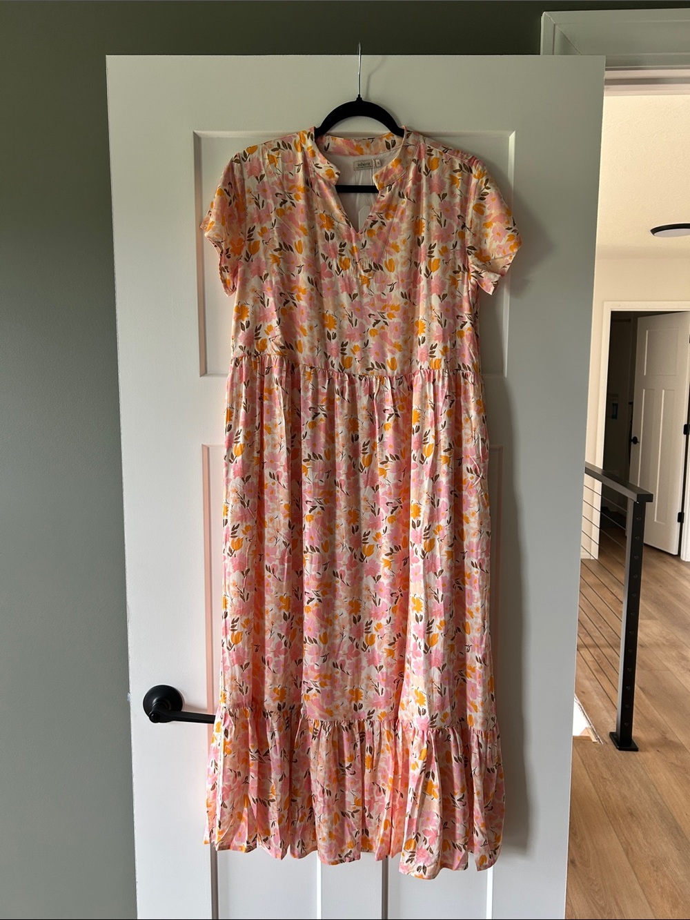 Pink and Orange Floral Tiered Midi Dress Inherit